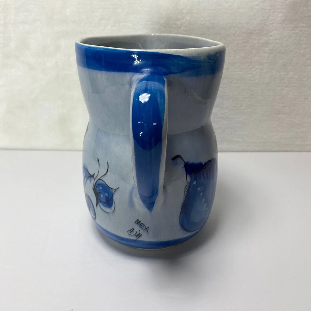 VTG Hand Painted Signed Tonala Mexican Folk Art Ceramic Pitcher Vase Blue Floral